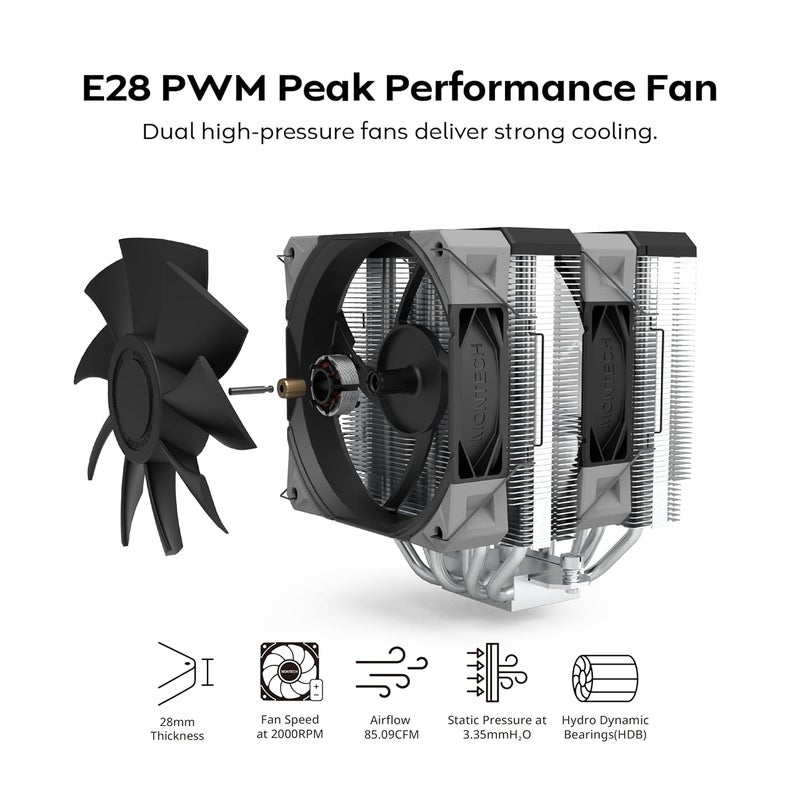 MONTECH NX600 Dual-Tower CPU Air Cooler with 6 Heatpipes & Premium Top Cover | 28mm E28 PWM Premium Fan | Soldered Copper Base | Superior Heat Dissipation | All Intel & AMD Socket Support | Black - Image 5